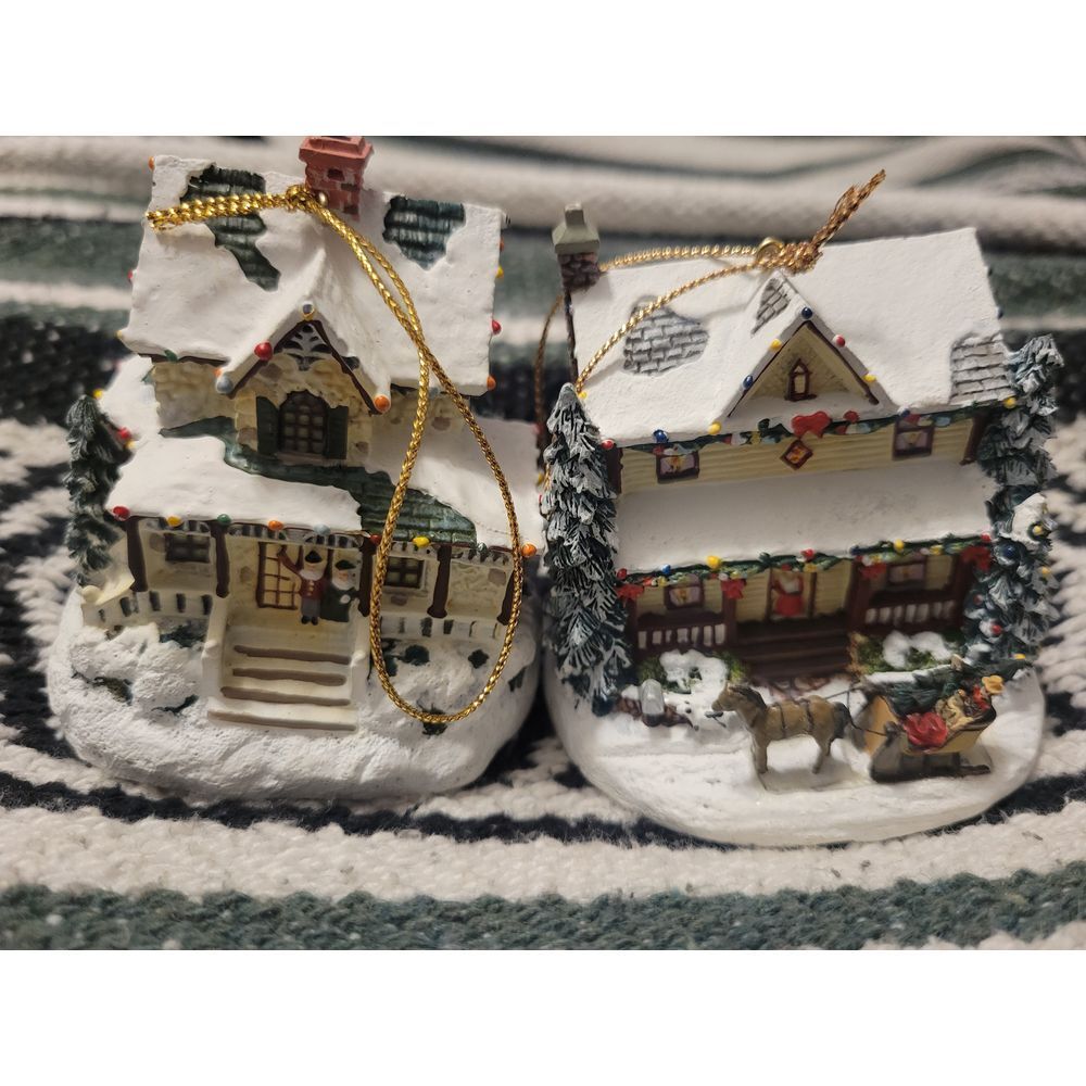 Thomas Kinkade 2000 Christmas Village House Ornaments Winter Snow Decor Set of 2